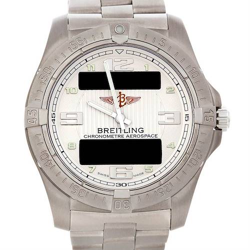 The image shows a front view of a Breitling Professional Series E79362 Men's Titanium Silver Dial E79362 Men's Titanium Silver Dial Chronometre Aerospace watch face and part of the metal bracelet.