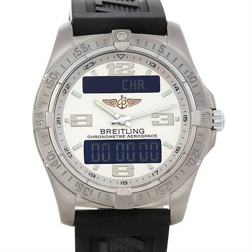 The image shows a frontal view of the Breitling Professional Series E79362 Men's Titanium Silver Dial E79362 Men's Titanium Silver Dial Chronometre Aerospace watch, highlighting the bezel, dial, and strap.