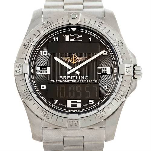 The image shows a front view of the Breitling Professional Series E79362 Men's Titanium Silver Dial E79362 Men's Titanium Silver Dial Chronometre Aerospace watch, highlighting its face and bezel.
