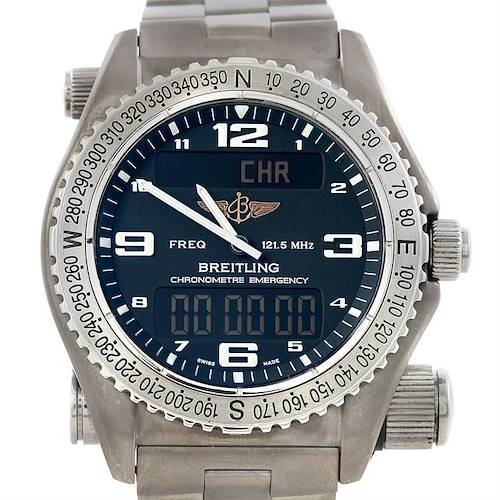 This is a close-up shot of the Breitling Professional Series E76321 Men's Titanium Black Dial E76321 Men's Titanium Black Dial Chronometre Emergency watch, showing the dial, case, bezel, and upper bracelet part.