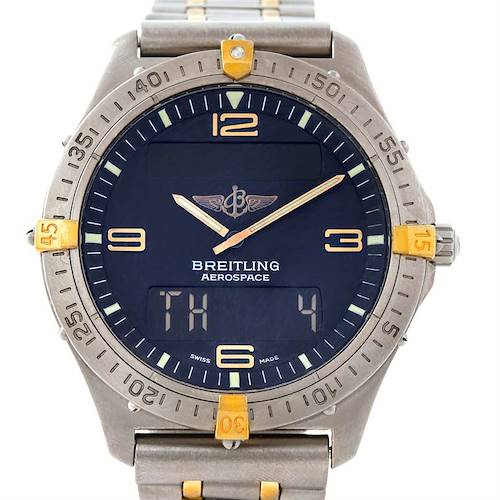 The image shows a front view of a Breitling Professional Series F56062 Men's Titanium Blue Dial F56062 Men's Titanium Blue Dial Aerospace watch, displaying its face, bezel, and bracelet.