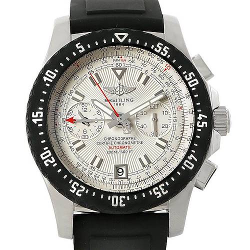 The image shows a front view of the Breitling Professional Series A27364 Men's Stainless Steel Silver Dial A27364 Men's Stainless Steel Silver Dial watch, highlighting its dial, bezel, and chronograph functions.