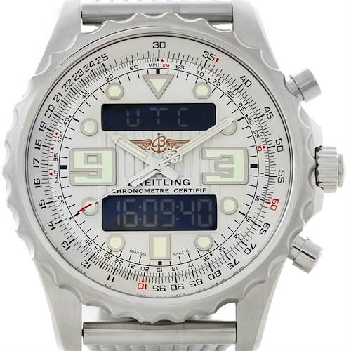 This image shows the face of a Breitling Professional Series A78365 Men's Stainless Steel Silver Dial A78365 Men's Stainless Steel Silver Dial watch, featuring analog and digital displays, with the crown and pushers on the side.