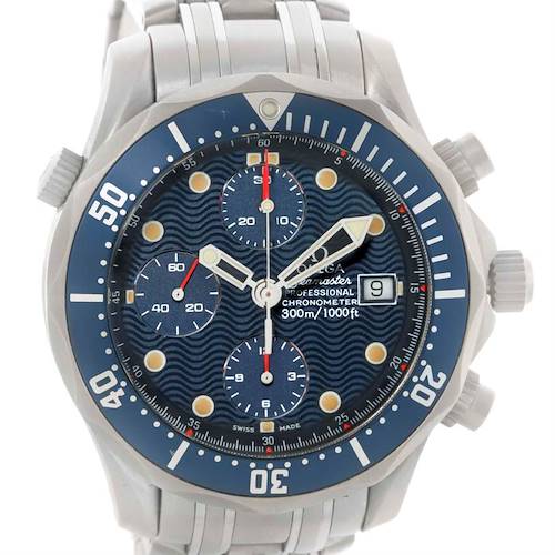 The image shows a front view of the Omega Seamaster 2599.80.00 Men's Stainless Steel Blue Dial 2599.80.00 Men's Stainless Steel Blue Dial watch, highlighting the dial, bezel, and bracelet.