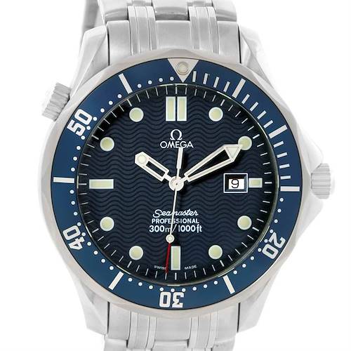 The Omega Seamaster 2541.80.00 Men's Stainless Steel Blue Dial 2541.80.00 Men's Stainless Steel Blue Dial watch is shown from the front, displaying the dial, hands, bezel, and part of the bracelet.