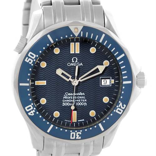 The image shows a frontal view of the Omega Seamaster 2531.80.00 Men's Stainless Steel Blue Dial 2531.80.00 Men's Stainless Steel Blue Dial watch, highlighting its dial, bezel, and bracelet.