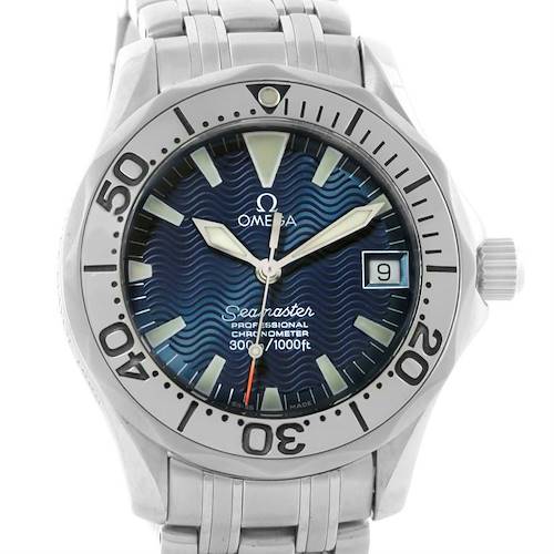 The image shows the front view of the Omega Seamaster 2554.80.00 Men's Stainless Steel Blue Dial 2554.80.00 Men's Stainless Steel Blue Dial watch, highlighting its face, bezel, and bracelet.