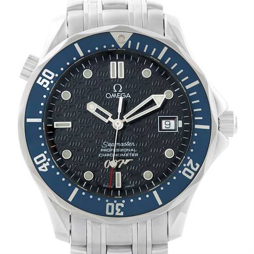 The image shows a close-up front view of an Omega Seamaster 2537.80.00 Men's Stainless Steel Blue Dial 2537.80.00 Men's Stainless Steel Blue Dial watch, highlighting the dial, bezel, hands, and crown with a partial bracelet.