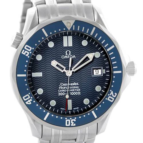 The image shows a front view of the Omega Seamaster 2531.80.00 Men's Stainless Steel Blue Dial 2531.80.00 Men's Stainless Steel Blue Dial watch, highlighting the dial, bezel, hands, and date display.
