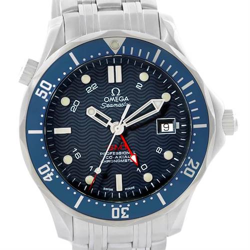 The image shows a frontal close-up view of an Omega Seamaster 2535.80.00 Men's Stainless Steel Blue Dial 2535.80.00 Men's Stainless Steel Blue Dial watch, highlighting the dial, bezel, hands, and bracelet.
