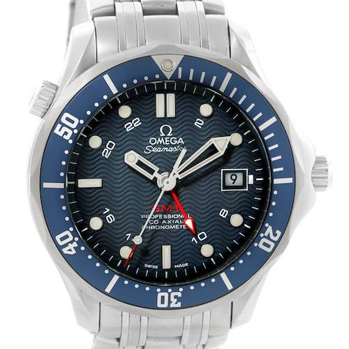 The Omega Seamaster 2535.80.00 Men's Stainless Steel Blue Dial 2535.80.00 Men's Stainless Steel Blue Dial watch is shown from a front angle, displaying the dial, bezel, hands, and bracelet.