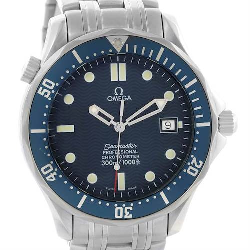 The Omega Seamaster 2531.80.00 Men's Stainless Steel Blue Dial 2531.80.00 Men's Stainless Steel Blue Dial model is shown from a frontal angle, highlighting its face, bezel, and part of the bracelet.