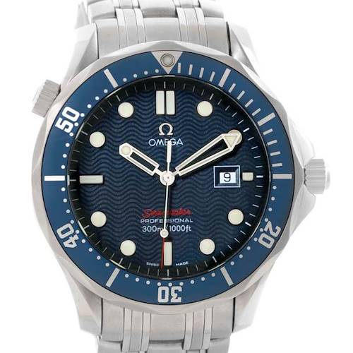 The Omega Seamaster 2221.80.00 Men's Stainless Steel Blue Dial 2221.80.00 Men's Stainless Steel Blue Dial watch is shown from a front angle, displaying the dial, bezel, bracelet, and crown.