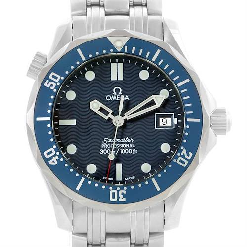 The image shows a frontal view of an Omega Seamaster 2561.80.00 Men's Stainless Steel Blue Dial 2561.80.00 Men's Stainless Steel Blue Dial watch, including the dial, bezel, and part of the bracelet.