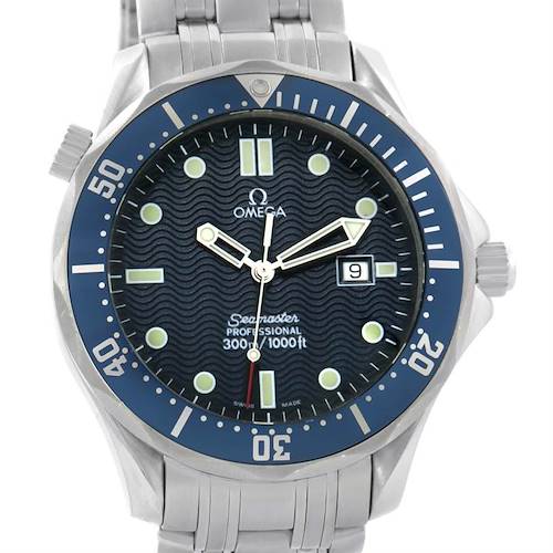 This image shows a front view of the Omega Seamaster 2541.80.00 Men's Stainless Steel Blue Dial 2541.80.00 Men's Stainless Steel Blue Dial Professional watch, displaying its dial, bezel, and part of the bracelet.
