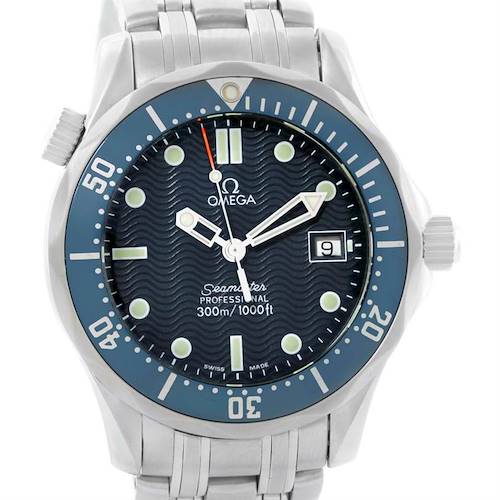 This image shows a front view of an Omega Seamaster 2561.80.00 Men's Stainless Steel Blue Dial 2561.80.00 Men's Stainless Steel Blue Dial watch, highlighting the dial, bezel, hands, and date window.