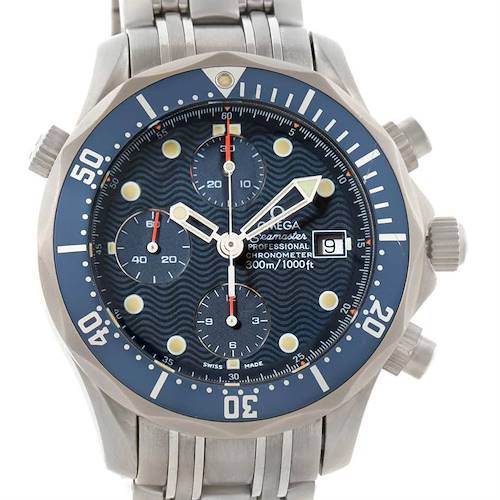 The image shows a frontal view of the Omega Seamaster 2298.80.00 Men's Titanium Blue Dial 2298.80.00 Men's Titanium Blue Dial watch, highlighting the dial, bezel, and part of the bracelet and crown.