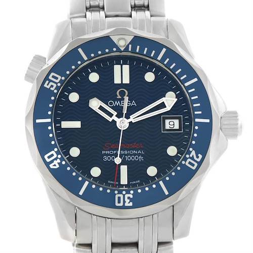 The image shows a frontal view of the Omega Seamaster 2223.80.00 Men's Stainless Steel Blue Dial 2223.80.00 Men's Stainless Steel Blue Dial watch, displaying its blue dial, bezel, and bracelet.