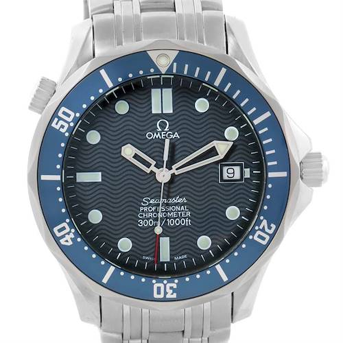 The image shows a frontal view of the Omega Seamaster 2531.80.00 Men's Stainless Steel Blue Dial 2531.80.00 Men's Stainless Steel Blue Dial watch, highlighting the dial, bezel, and part of the bracelet.