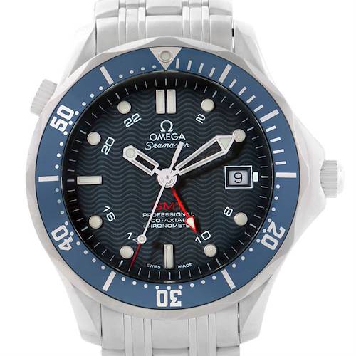 The image shows a front view of the Omega Seamaster 2535.80.00 Men's Stainless Steel Blue Dial 2535.80.00 Men's Stainless Steel Blue Dial watch, highlighting the dial, bezel, and part of the bracelet.