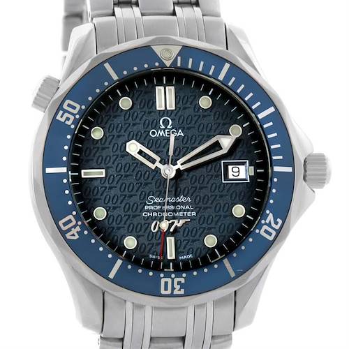 The image shows a front view of the Omega Seamaster 2537.80.00 Men's Stainless Steel Blue Dial 2537.80.00 Men's Stainless Steel Blue Dial watch, displaying its dial, bezel, hour markers, hands, and bracelet.