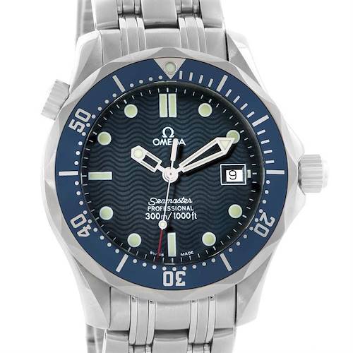 The image shows a frontal view of the Omega Seamaster 2561.80.00 Men's Stainless Steel Blue Dial 2561.80.00 Men's Stainless Steel Blue Dial watch, highlighting the dial, bezel, and part of the stainless steel bracelet.