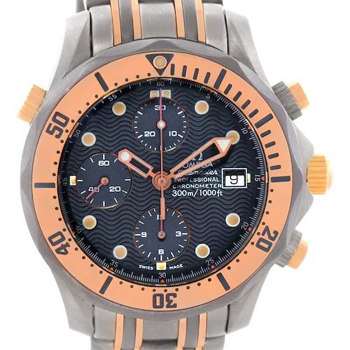 This image shows a close-up of the Omega Seamaster 2296.80.00 Men's Titanium Blue Dial 2296.80.00 Men's Titanium Blue Dial watch face, with visible crown, subdials, and date display.