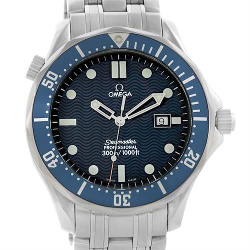The image shows a front view of an Omega Seamaster 2541.80.00 Men's Stainless Steel Blue Dial 2541.80.00 Men's Stainless Steel Blue Dial watch displaying the dial, bezel, and part of the bracelet.