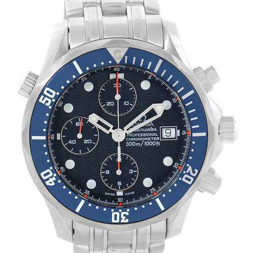 The image shows a front view of the Omega Seamaster 2599.80.00 Men's Stainless Steel Blue Dial 2599.80.00 Men's Stainless Steel Blue Dial watch, highlighting its dial, bezel, and stainless steel bracelet.