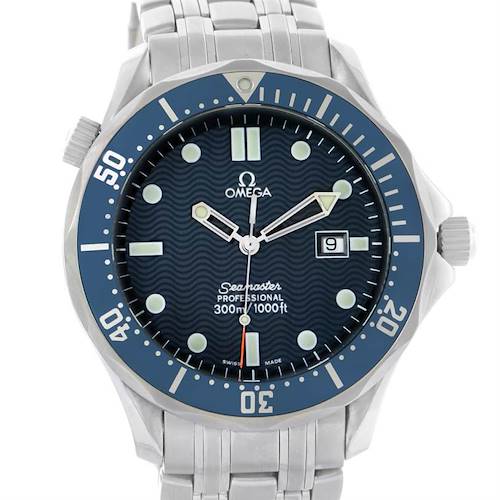 The image shows a front view of the Omega Seamaster 2541.80.00 Men's Stainless Steel Blue Dial 2541.80.00 Men's Stainless Steel Blue Dial watch, featuring the dial, bezel, and part of the bracelet.