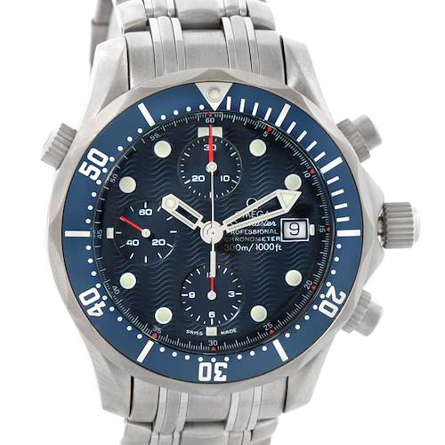 This is an Omega Seamaster 2298.80.00 Men's Titanium Blue Dial 2298.80.00 Men's Titanium Blue Dial watch shown from a front angle, displaying its face, bezel, and part of the bracelet.
