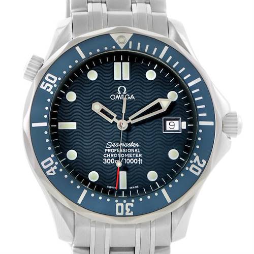 The image shows a front view of an Omega Seamaster 2531.80.00 Men's Stainless Steel Blue Dial 2531.80.00 Men's Stainless Steel Blue Dial watch, highlighting its dial, bezel, date display, and part of the bracelet.