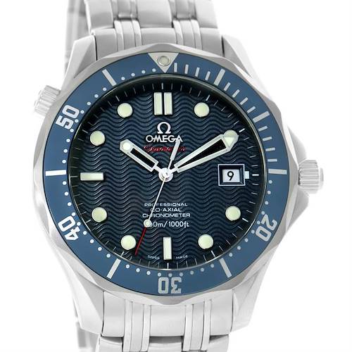 The Omega Seamaster 2220.80.00 Men's Stainless Steel Blue Dial 2220.80.00 Men's Stainless Steel Blue Dial watch is shown from a front angle, displaying the dial, bezel, hands, bracelet, and crown.