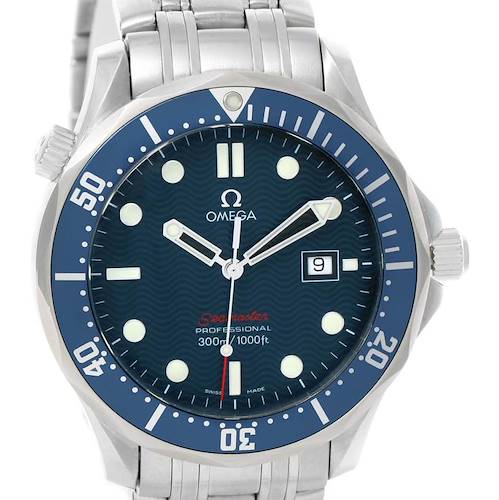 The image shows a front view of the Omega Seamaster 2221.80.00 Men's Stainless Steel Blue Dial 2221.80.00 Men's Stainless Steel Blue Dial watch, highlighting the face, bezel, hands, and part of the metal band.