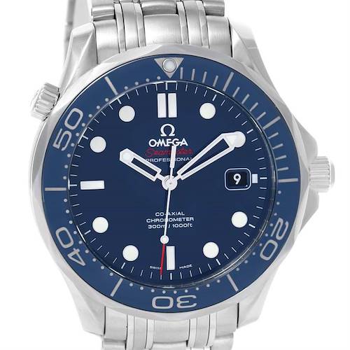 This image shows a front angle of the Omega Seamaster 212.30.41.20.03.001 Men's Stainless Steel Blue Dial 212.30.41.20.03.001 Men's Stainless Steel Blue Dial watch, highlighting its dial, bezel, bracelet, and crown.