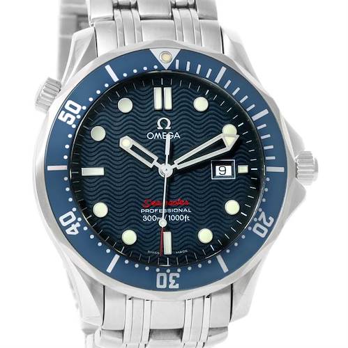 This is a front view of an Omega Seamaster 2221.80.00 Men's Stainless Steel Blue Dial 2221.80.00 Men's Stainless Steel Blue Dial watch, displaying its face, bezel, and stainless steel bracelet.