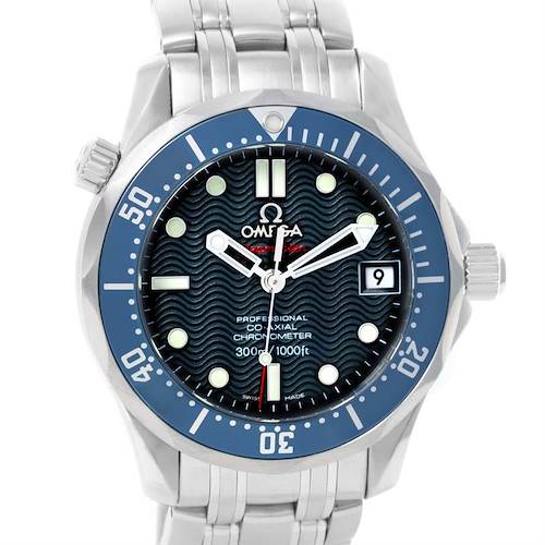 This image shows the Omega Seamaster 2222.80.00 Men's Stainless Steel Blue Dial 2222.80.00 Men's Stainless Steel Blue Dial watch from a straight-on angle, highlighting the dial, bezel, and bracelet.