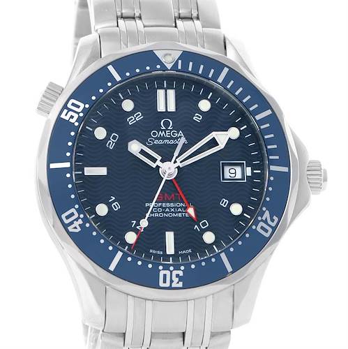 This image shows a front view of an Omega Seamaster 2535.80.00 Men's Stainless Steel Blue Dial 2535.80.00 Men's Stainless Steel Blue Dial watch, highlighting its face, bezel, crown, and part of the metal bracelet.