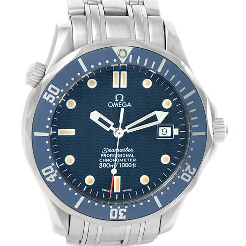 The image shows a front view of the Omega Seamaster 2531.80.00 Men's Stainless Steel Blue Dial 2531.80.00 Men's Stainless Steel Blue Dial watch, displaying its dial, hands, bezel, and bracelet.
