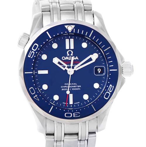 The image shows a front view of an Omega Seamaster 212.30.36.20.03.001 Men's Stainless Steel Blue Dial 212.30.36.20.03.001 Men's Stainless Steel Blue Dial with a blue face and silver band.