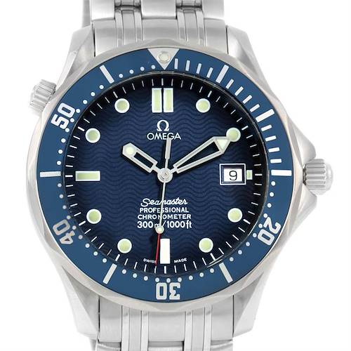 The image shows a front view of the Omega Seamaster 2531.80.00 Men's Stainless Steel Blue Dial 2531.80.00 Men's Stainless Steel Blue Dial watch, highlighting the dial, bezel, crown, and bracelet.