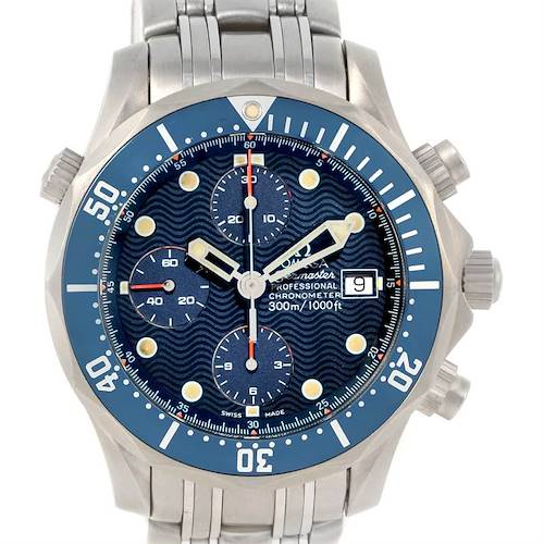 This image shows a front view of the Omega Seamaster 2298.80.00 Men's Titanium Blue Dial 2298.80.00 Men's Titanium Blue Dial watch, displaying the face, hands, bezel, and chronograph subdials.