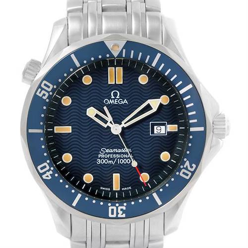 The Omega Seamaster 2541.80.00 Men's Stainless Steel Blue Dial 2541.80.00 Men's Stainless Steel Blue Dial watch is shown from a front angle, displaying the dial, hands, bezel, and part of the bracelet.