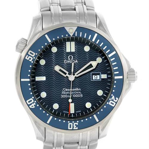 This image shows a frontal view of an Omega Seamaster 2541.80.00 Men's Stainless Steel Blue Dial 2541.80.00 Men's Stainless Steel Blue Dial watch, displaying the face, bezel, hands, date window, and part of the bracelet.