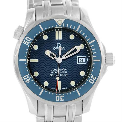 This image shows a front view of the Omega Seamaster 2561.80.00 Men's Stainless Steel Blue Dial 2561.80.00 Men's Stainless Steel Blue Dial watch, highlighting the dial, bezel, hands, date window, and bracelet.
