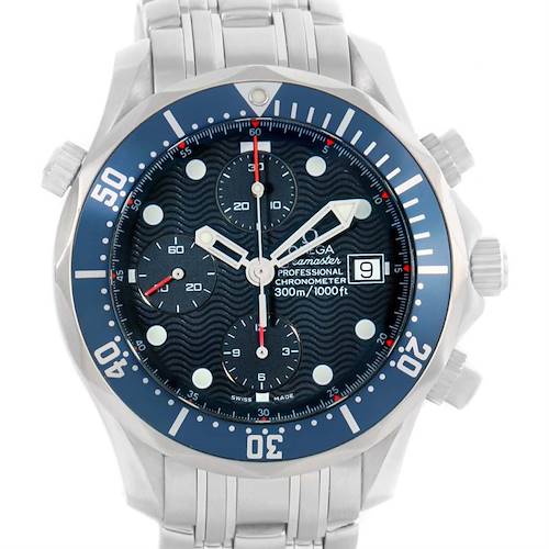 The Omega Seamaster 2599.80.00 Men's Stainless Steel Blue Dial 2599.80.00 Men's Stainless Steel Blue Dial watch is shown from a front angle, displaying its face, bezel, crown, and bracelet.