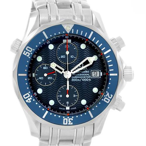 The image shows a front view of an Omega Seamaster 2599.80.00 Men's Stainless Steel Blue Dial 2599.80.00 Men's Stainless Steel Blue Dial watch, highlighting the dial, bezel, chronograph sub-dials, and stainless steel bracelet.