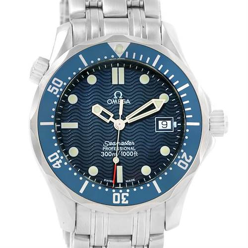 The image shows a front view of the Omega Seamaster 2561.80.00 Men's Stainless Steel Blue Dial 2561.80.00 Men's Stainless Steel Blue Dial watch, displaying the dial, bezel, hands, date window, and part of the bracelet.