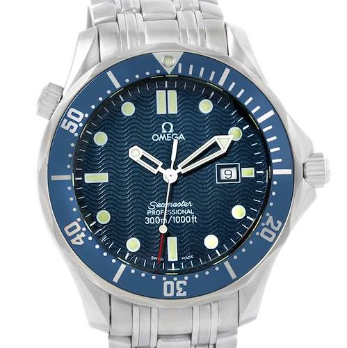 The image shows a front view of an Omega Seamaster 2541.80.00 Men's Stainless Steel Blue Dial 2541.80.00 Men's Stainless Steel Blue Dial watch, displaying the dial, bezel, hands, and part of the metal bracelet.