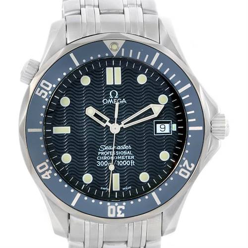 This image shows a front view of an Omega Seamaster 2531.80.00 Men's Stainless Steel Blue Dial 2531.80.00 Men's Stainless Steel Blue Dial watch, displaying the dial, bezel, and part of the bracelet.